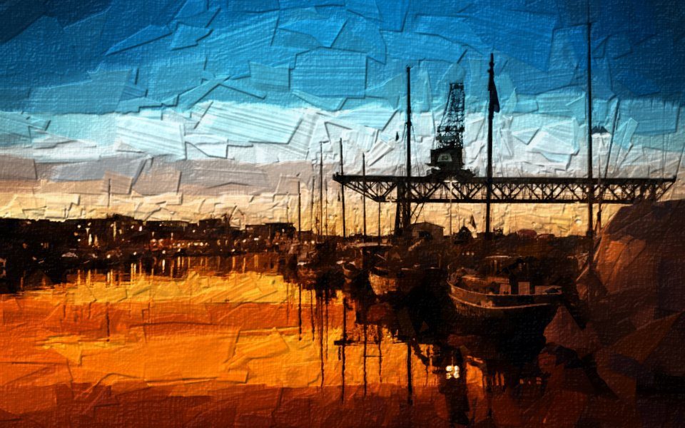 Hafen am Abend, die Farbflächen wie mit dem Spachtel aufgetragen.