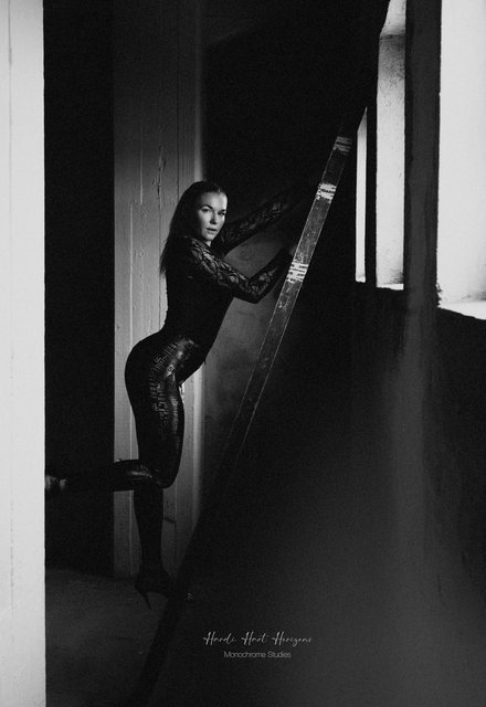 Sarah im Spitzenbody an einer Leiter neben einem Fenster.